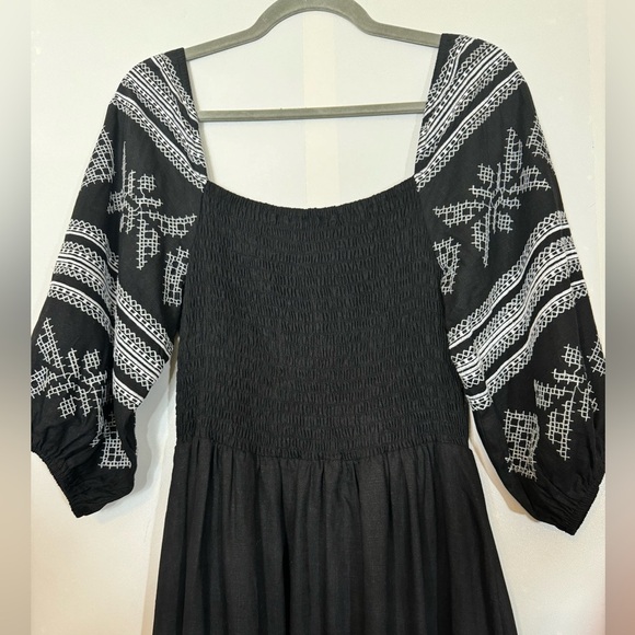 Strut & Bolt Boho Peasant Black Embroidered Linen Blend Midi Dress, Size S - Picture 12 of 16